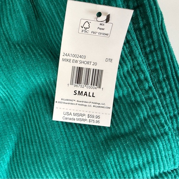 BILLABONG Men's Teal Corduroy Drawstring Mike EW 20 Shorts Small NEW 1020 - Picture 2 of 4